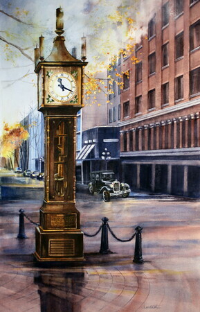 Gastown Steam Clock  28 x 16.5 inch  Watercolor